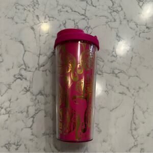 Lilly Pulitzer 16oz Travel Thermal Tumbler Mug Gimme Some Leg Pink Gold Flamingo
